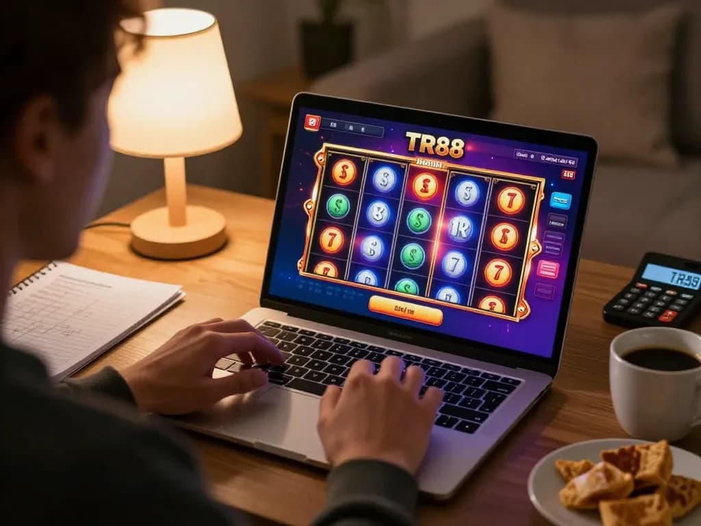 Player enjoying TR88 online casino on a laptop, engaging with vibrant slot game.