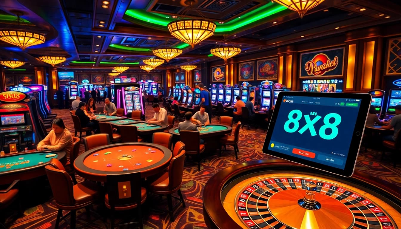 Engage in thrilling games at https://8k8.us.com/, showcasing bright slots and vibrant casino tables.