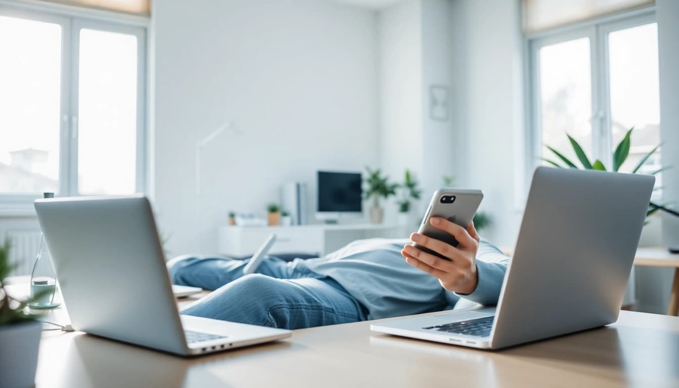 快连下载 app in use by a professional in a bright home office setting, showcasing seamless technology integration.