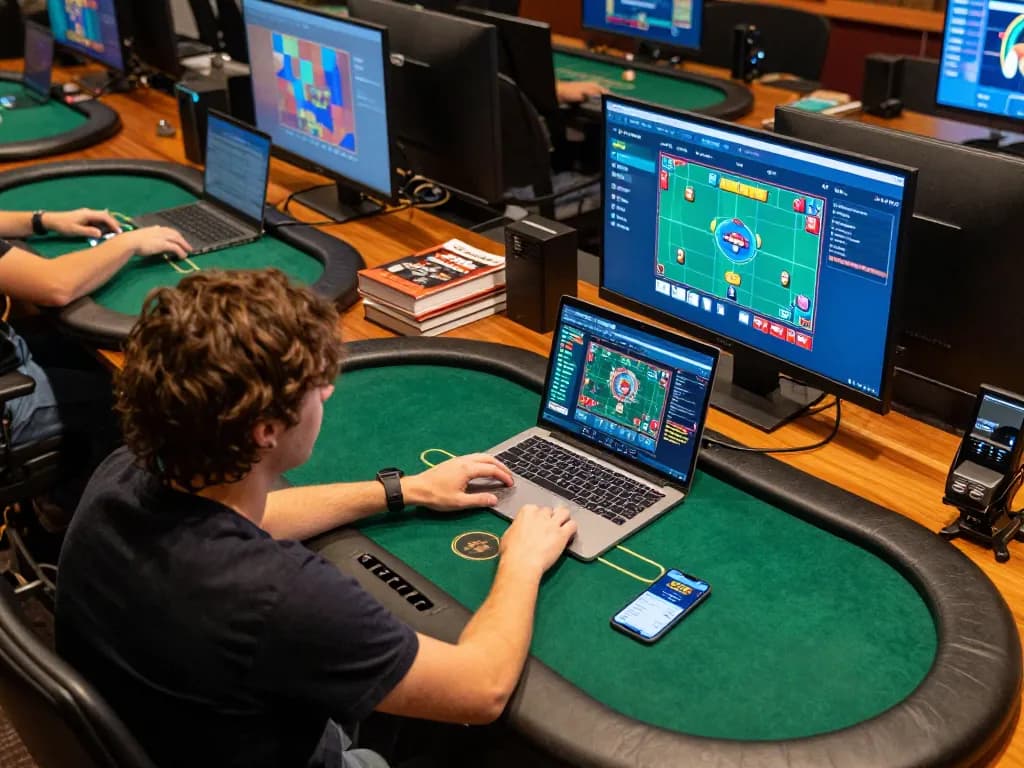 Engaged player on 78win.com during an online poker game with multiple screens