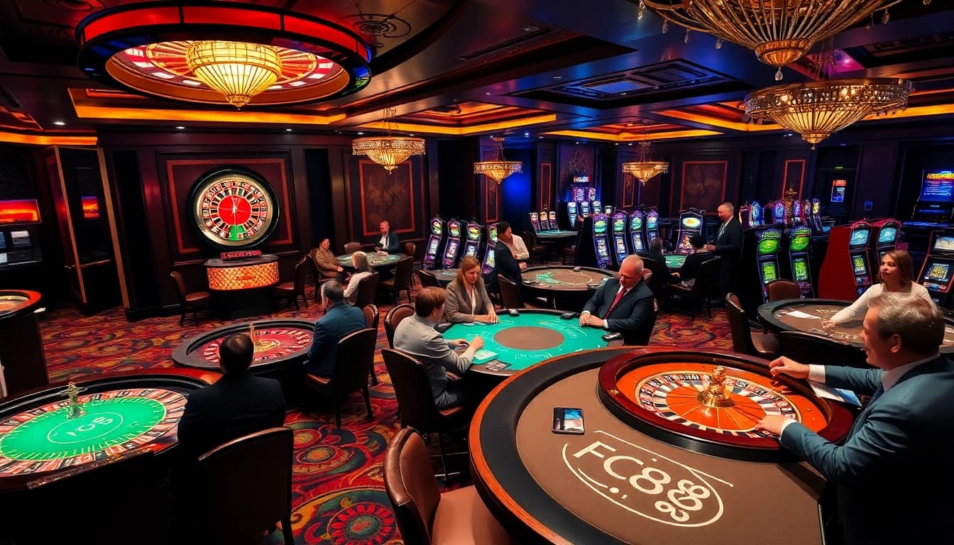 Players enjoying the excitement of FC88's casino games with poker tables and slot machines.