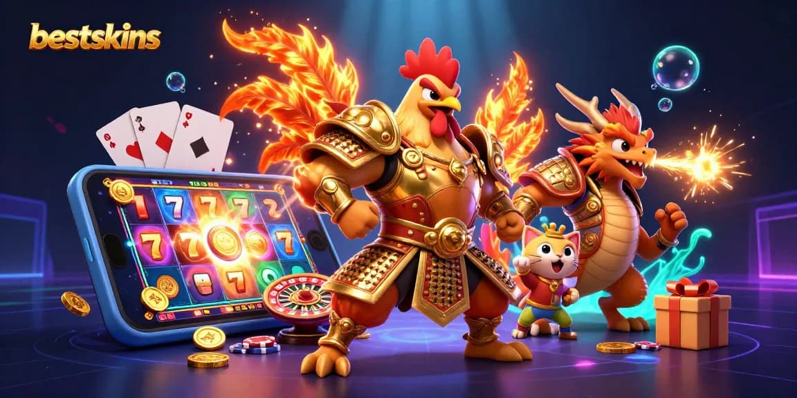 Experience the excitement of bestskins with vibrant characters, thrilling slot games, and gold sparkles.