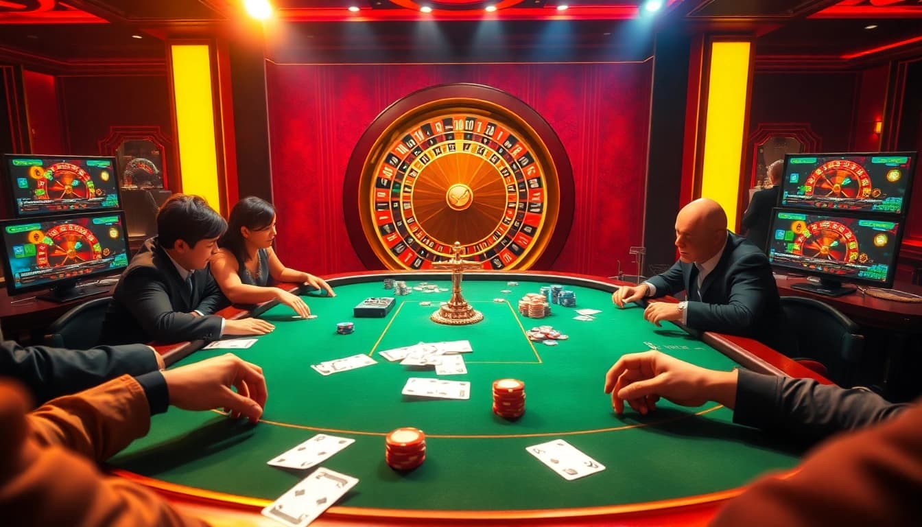 TV88 poker scene with players engaged around a luxurious table in a vibrant casino atmosphere.