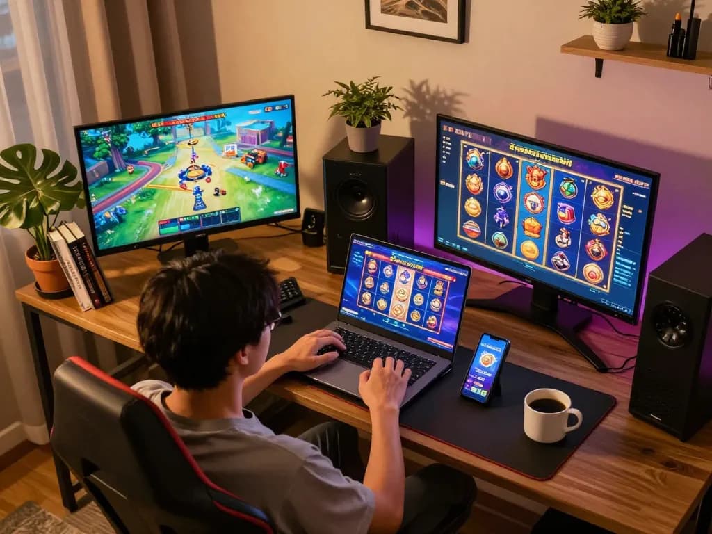 Enjoying an engaging สล็อตเว็บตรง game on a laptop with vibrant graphics