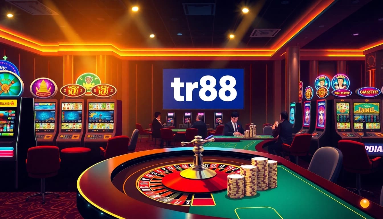 Betting excitement at a casino, featuring tr88 slots and poker tables with vibrant colors.