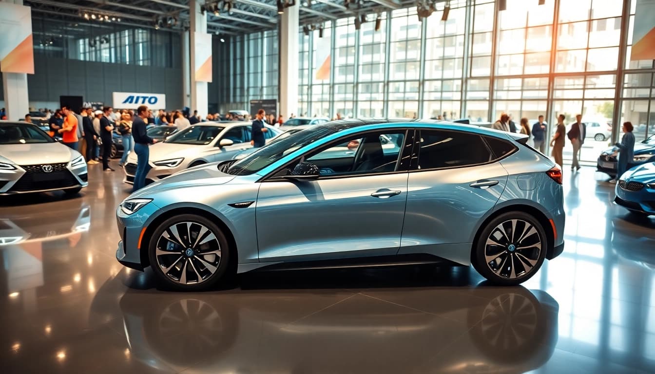 Attendees admire innovative designs at an Auto Cars Show highlighting new vehicles.