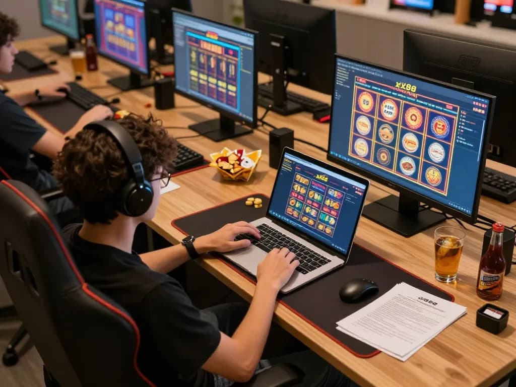 Player engaging with xx88 online casino games on a laptop, showcasing strategic gameplay atmosphere.