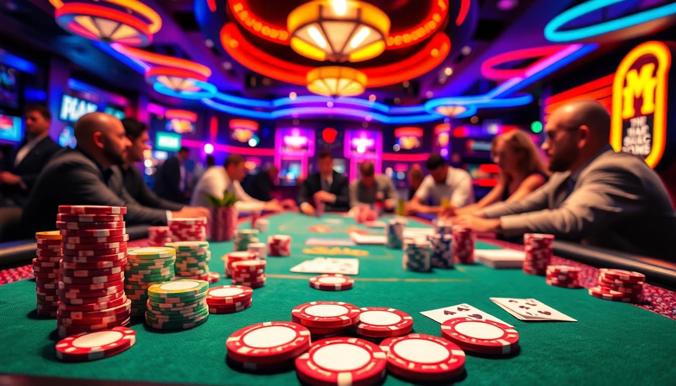 Aksi pertaruhan poker di kasino dengan interwin dan pemain yang berfokus.