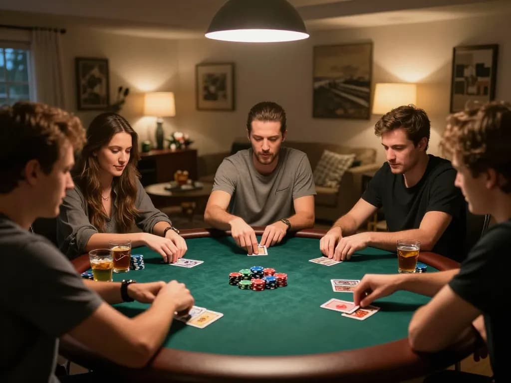 Friends enjoying a poker night at home with excitement and strategy, featuring DEWAPOKER cards and chips.
