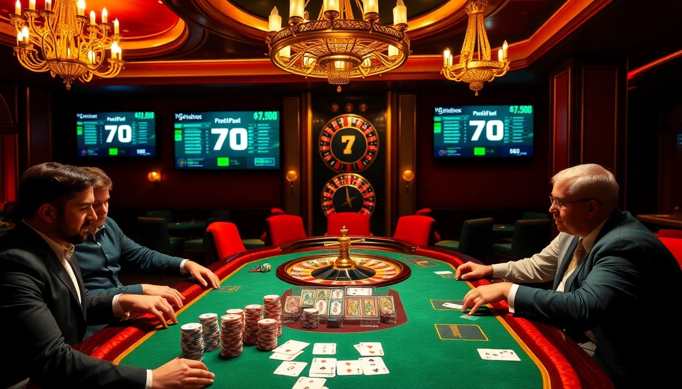 Players engage in poker with 7m odds prominently displayed in a luxurious casino setting.