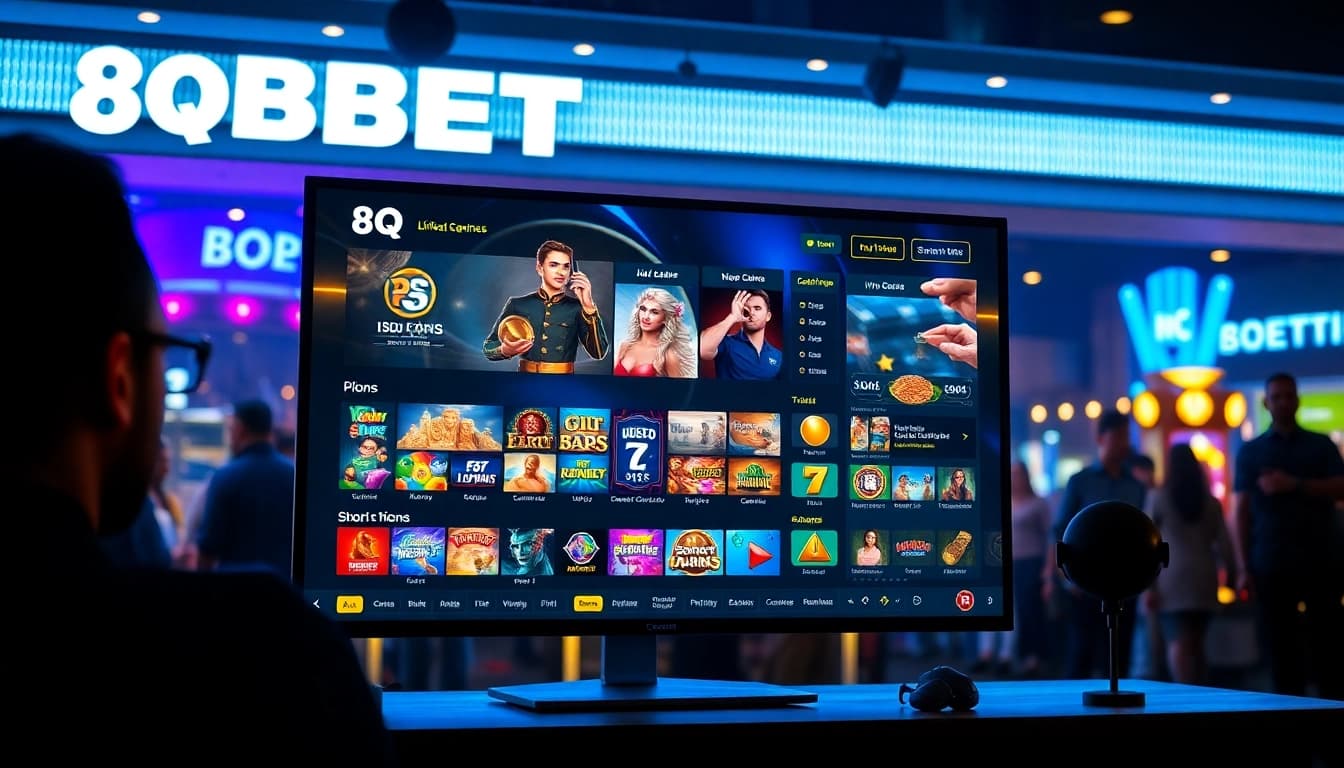 An engaging online gambling scene at 8QBET showcasing a modern casino interface with vibrant game icons and ambient lighting.