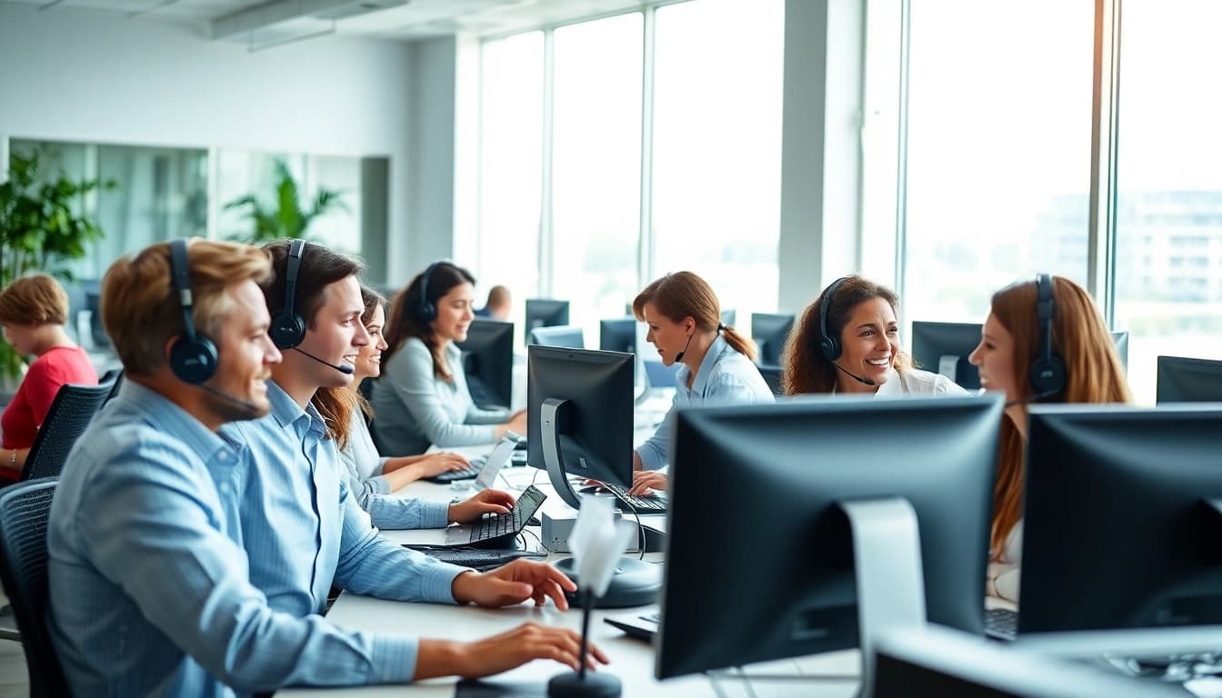 Agents efficiently using call center software in a modern, collaborative workspace.