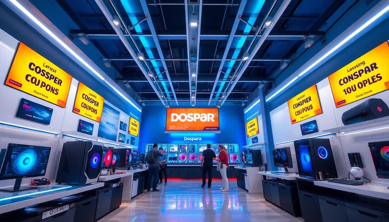 モダンな電子機器店の雰囲気の中で、ゲーミングPCとドスパラのクーポンオファーを紹介しています。
