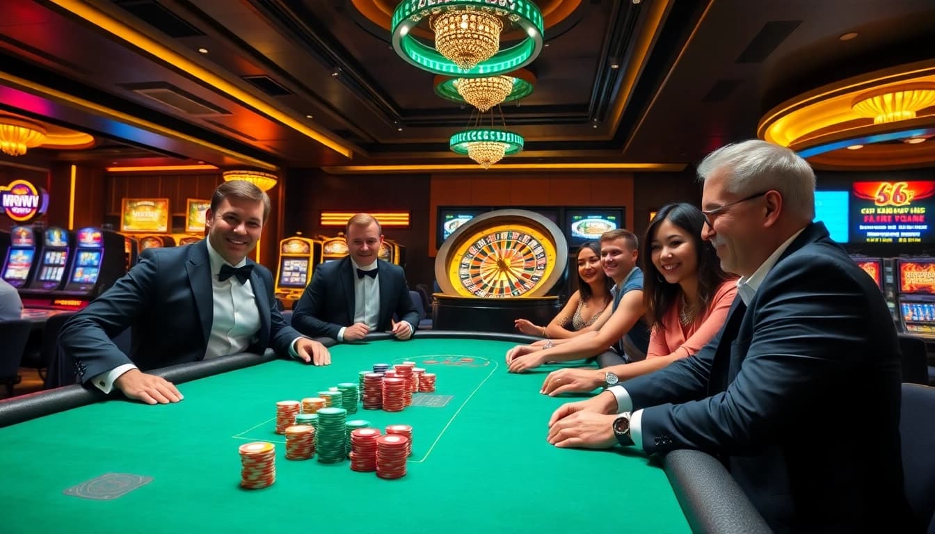 Experience the thrill of 98WIN casino with vibrant gaming scenes and excited players.