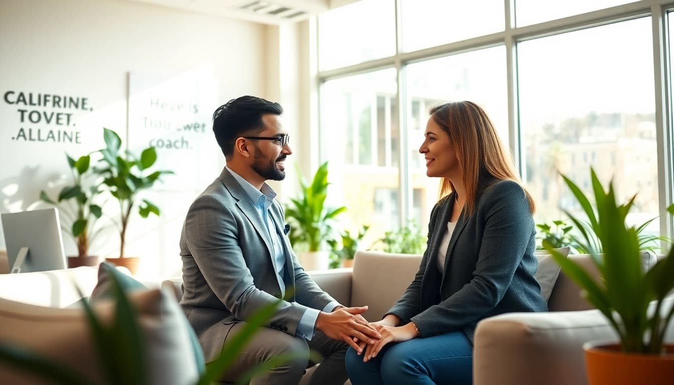 Business coach California strategizing with a client in a bright office.