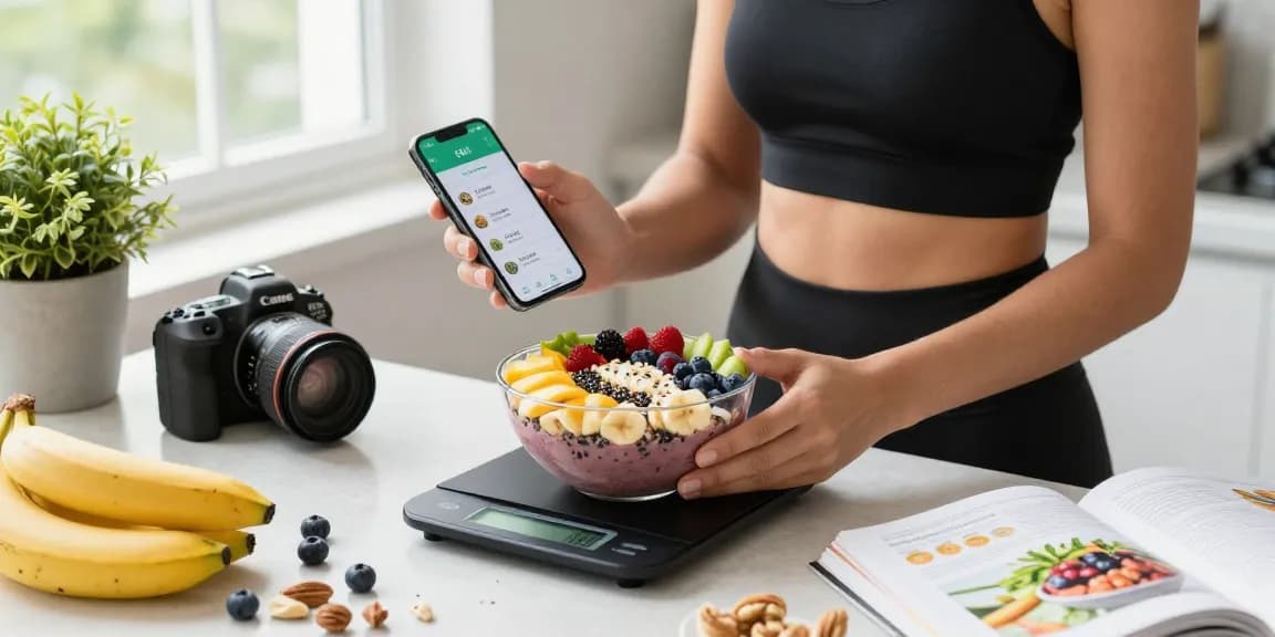 Healthy individual using the best AI calorie tracker app in a bright kitchen preparing a nutritious smoothie bowl.