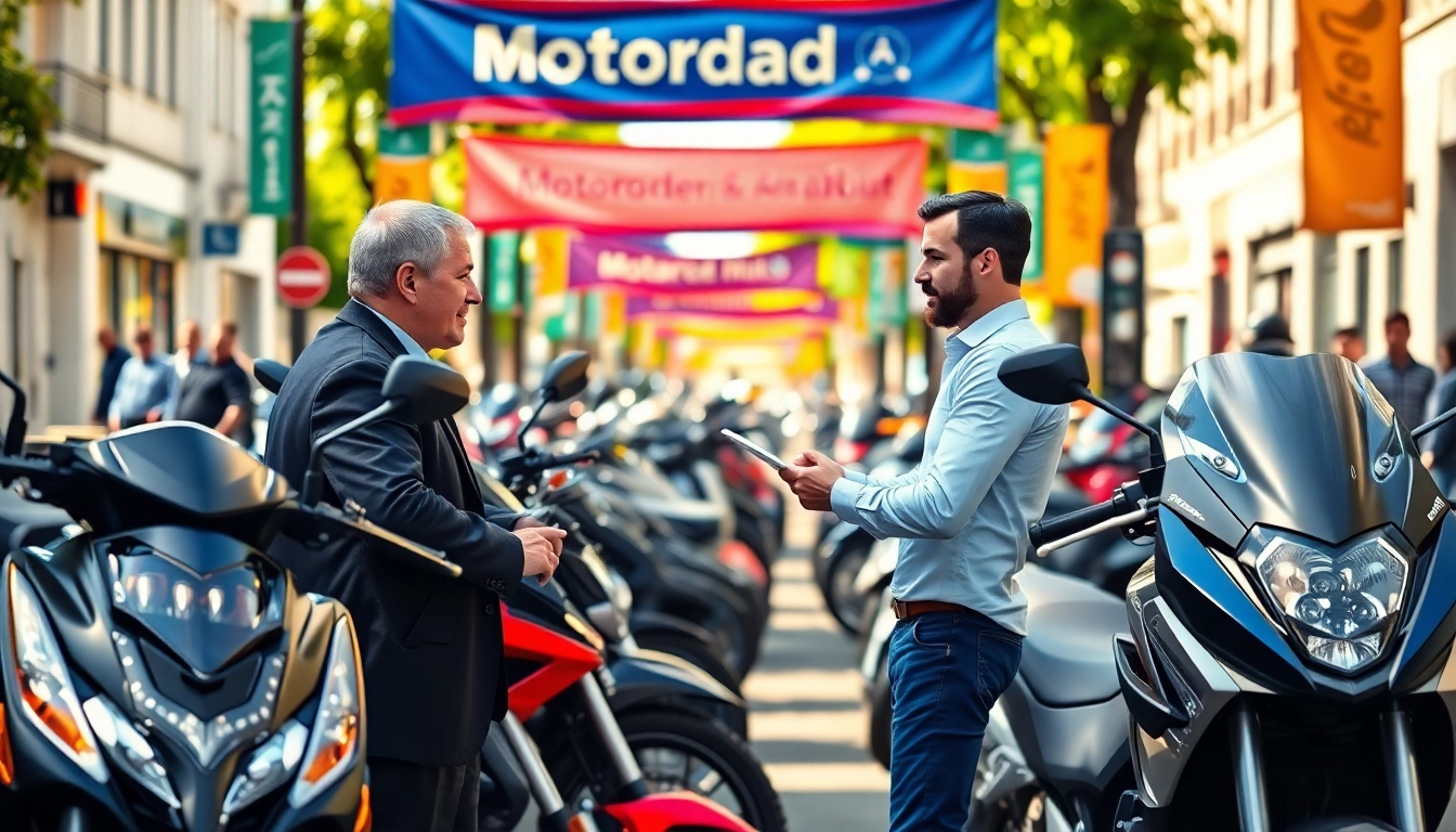 Motorrad Verkaufen Ankauf: Käufer und Verkäufer in einer lebhaften Stadtszene beim Motorradverkauf.