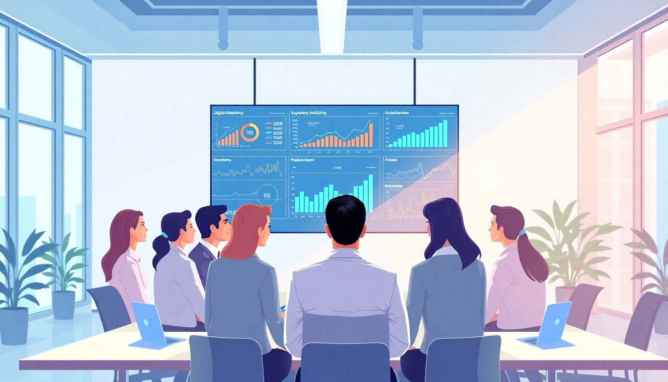 Engaging digital marketing strategy meeting showcasing vibrant analytics and collaboration.