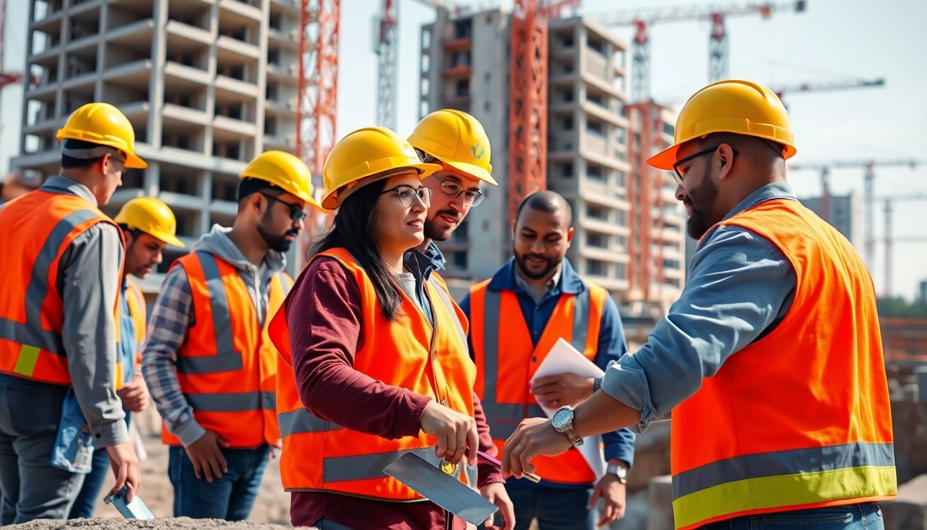 Workers demonstrating teamwork in Careers in construction at an active site with cranes and tools.