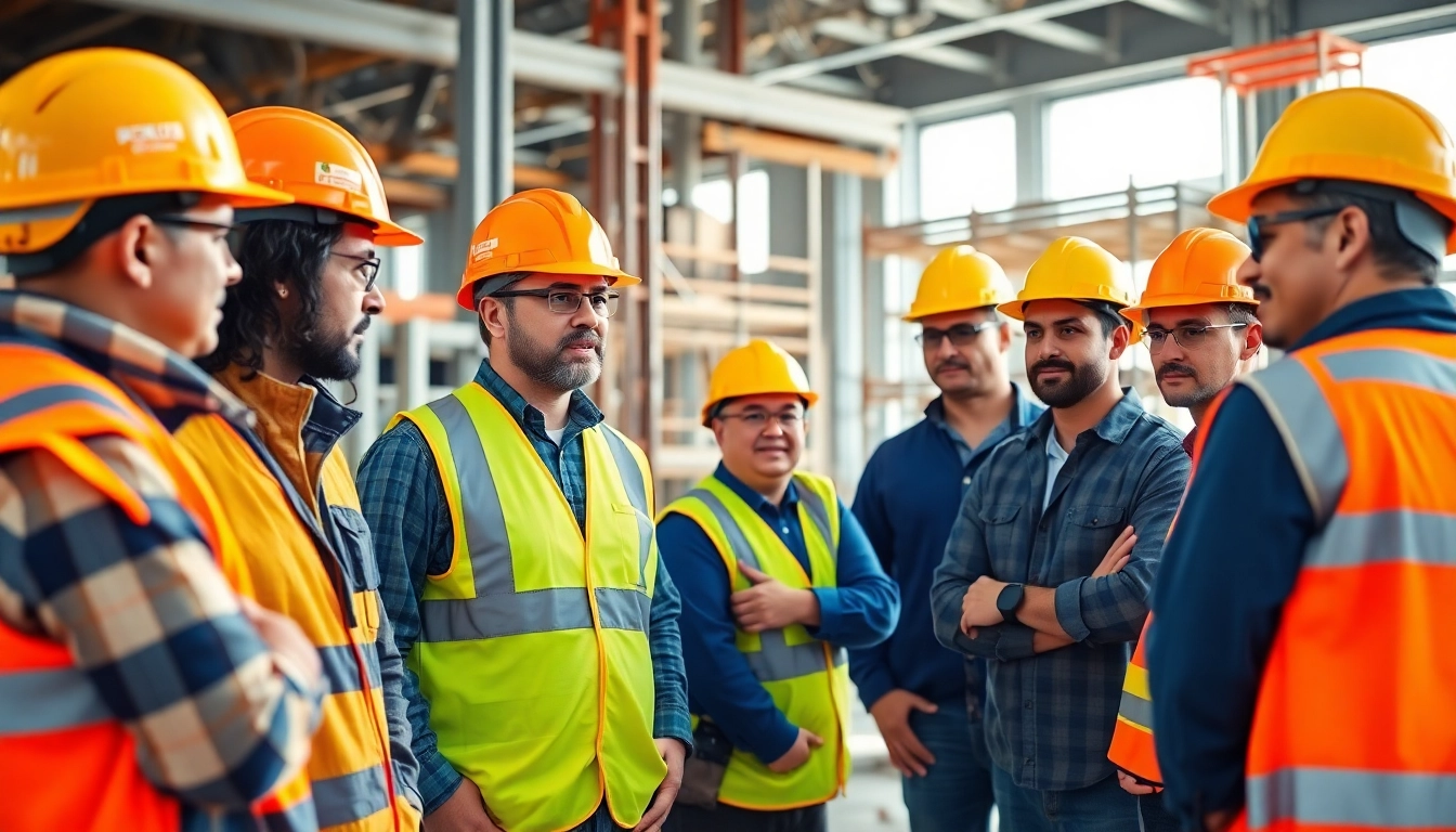 Construction safety training with workers in protective gear learning on-site.