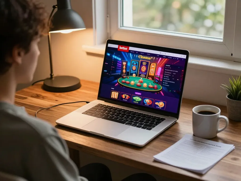 Experience exciting gameplay at betbet with a cozy online casino setup, laptop displaying vibrant games, and strategic notes.