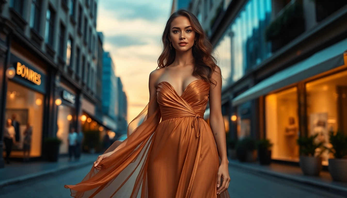 Model elegantly showcasing designer dresses in an upscale urban setting.