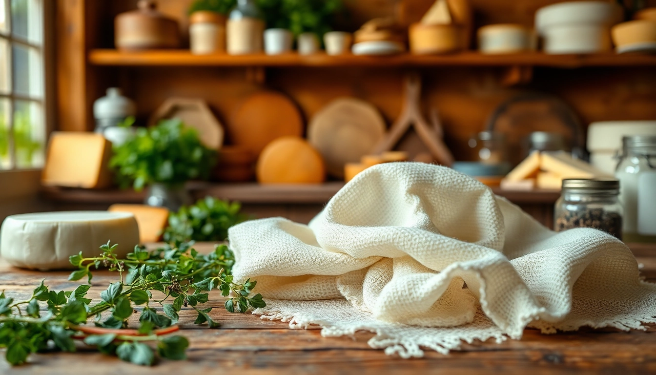 Kaasdoek gebruikt voor het maken van kaas, omringd door verse kruiden en kaasvormen.