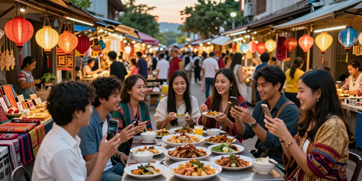 Friends exploring a vibrant Asian street market, capturing experiences and cultural diversity featured on https://hanadultalk.com.