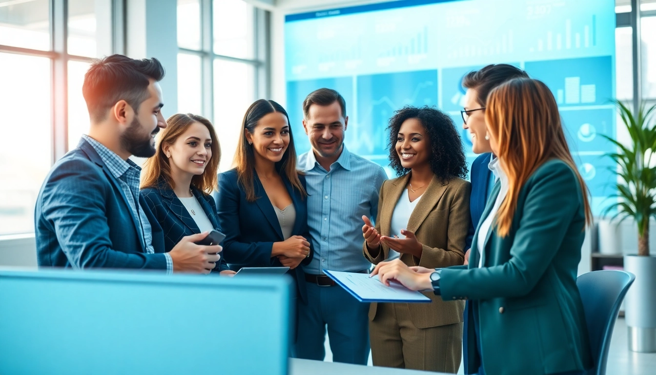 Engaging business team discussing lead generation strategies in a modern office environment.