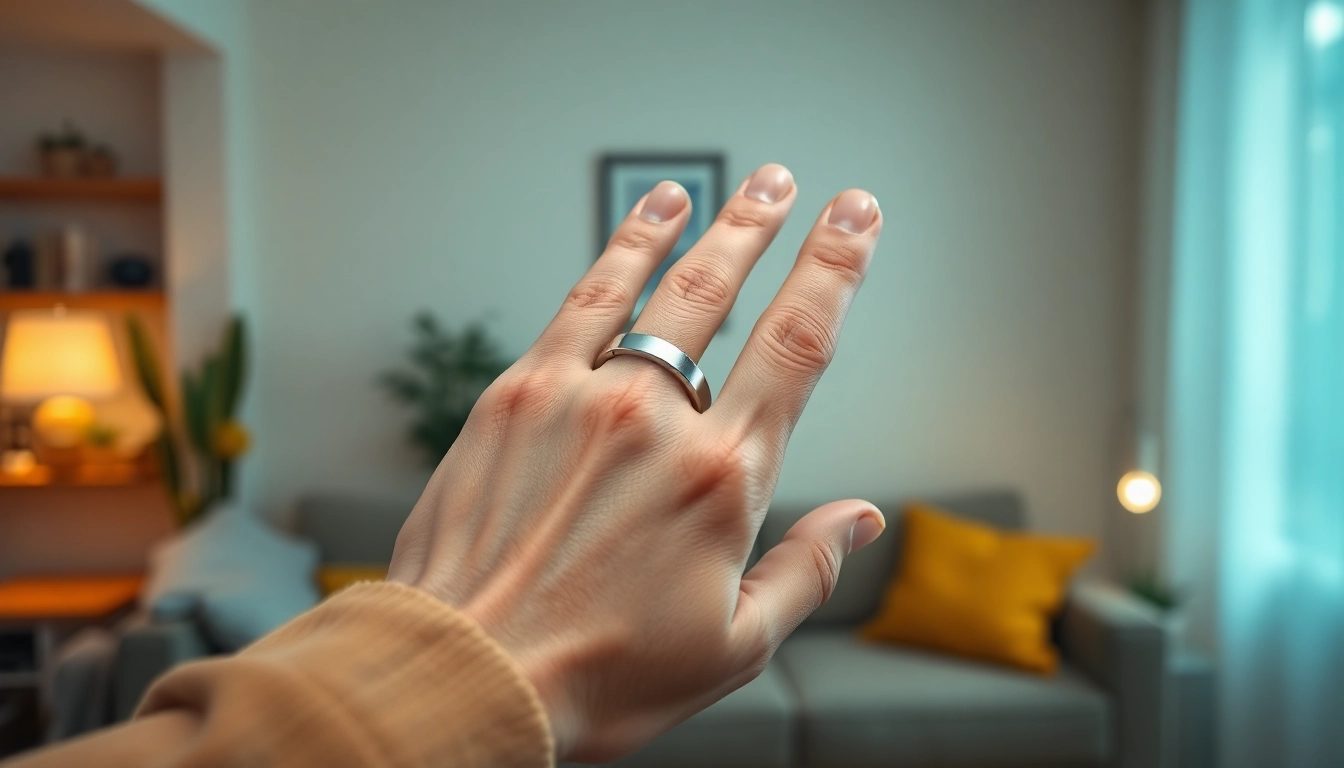 Engaging Ringconn user interacts with a smart ring in a stylish home environment, showcasing wellness.