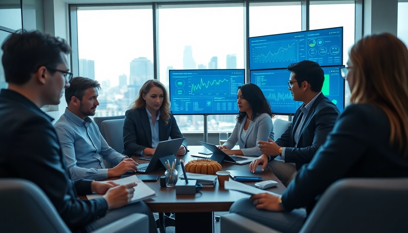Engaged team analyzing data at https://benchbot.ai with screens displaying insights in a modern office.