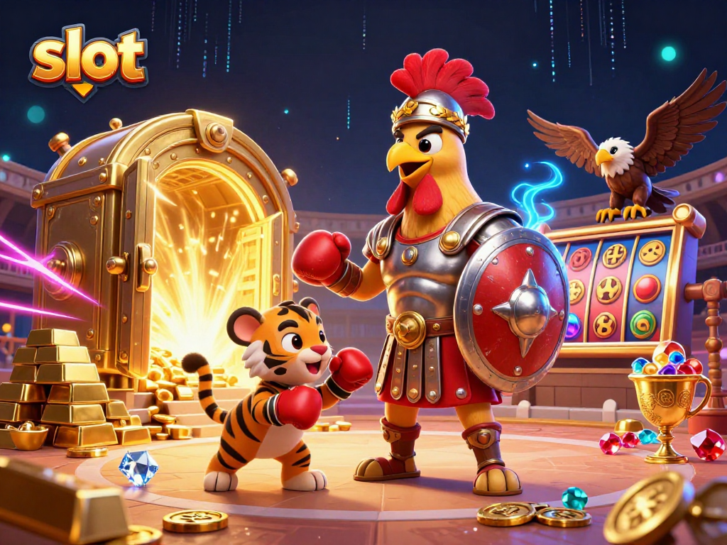 Engage with the thrilling slot scene featuring an armored rooster, gold treasures, and vibrant reels.