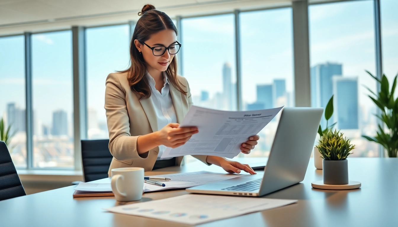 Real Estate agent analyzing property details in a bright modern office.