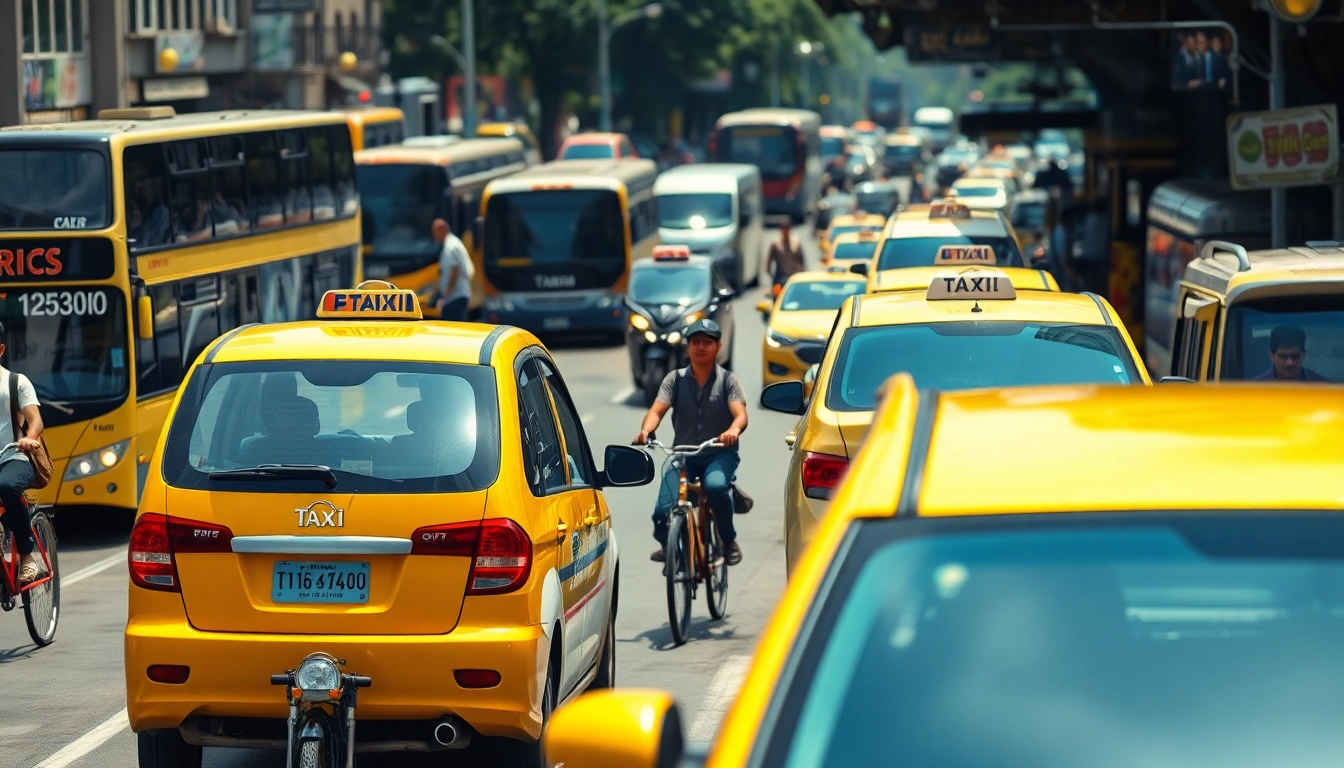 Transportation scene with a taxi driver assisting a passenger in a vibrant city.