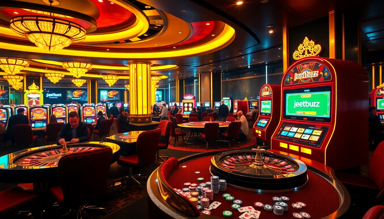 Engaging gamblers at a vibrant Jeetbuzz casino with roulette, poker tables, and slot machines.