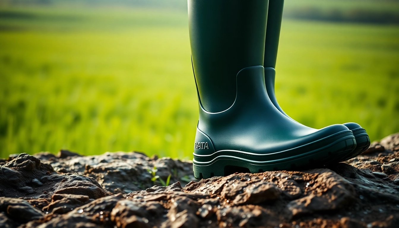 Explore Bata industrial gumboots Kenya presented amidst nature, showcasing waterproof qualities and durability.