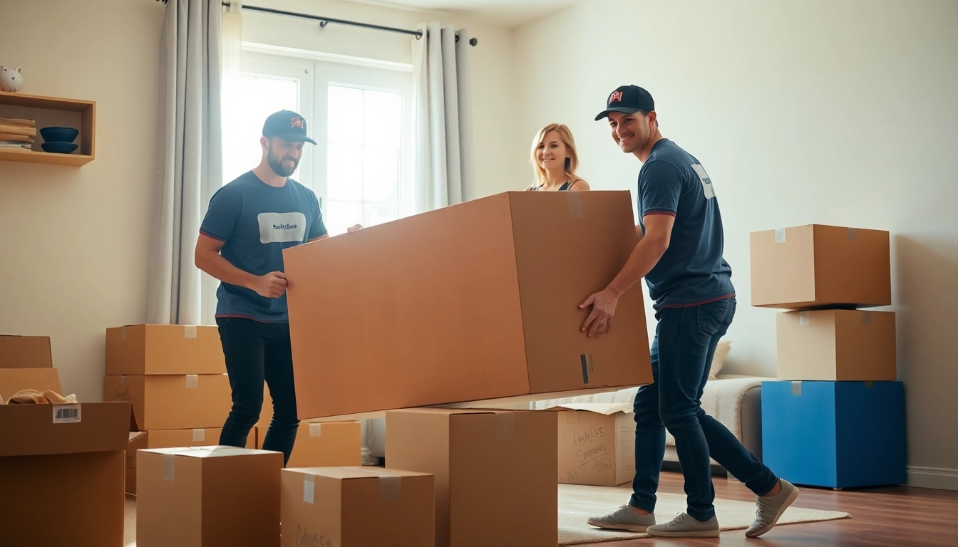 Proficient provincial movers helping a family relocate in a well-lit living room.