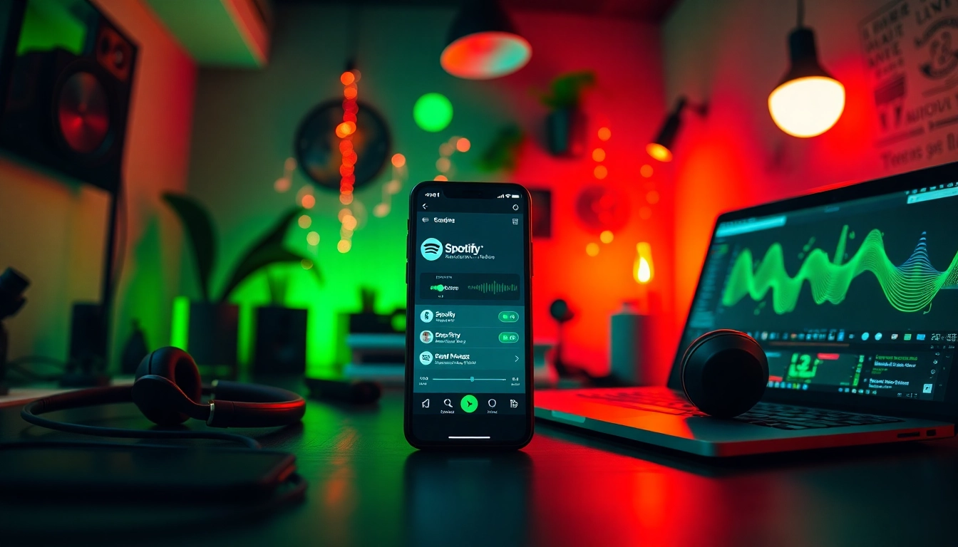 Engaging workspace scene featuring Spotify mod interface with vibrant music visuals.