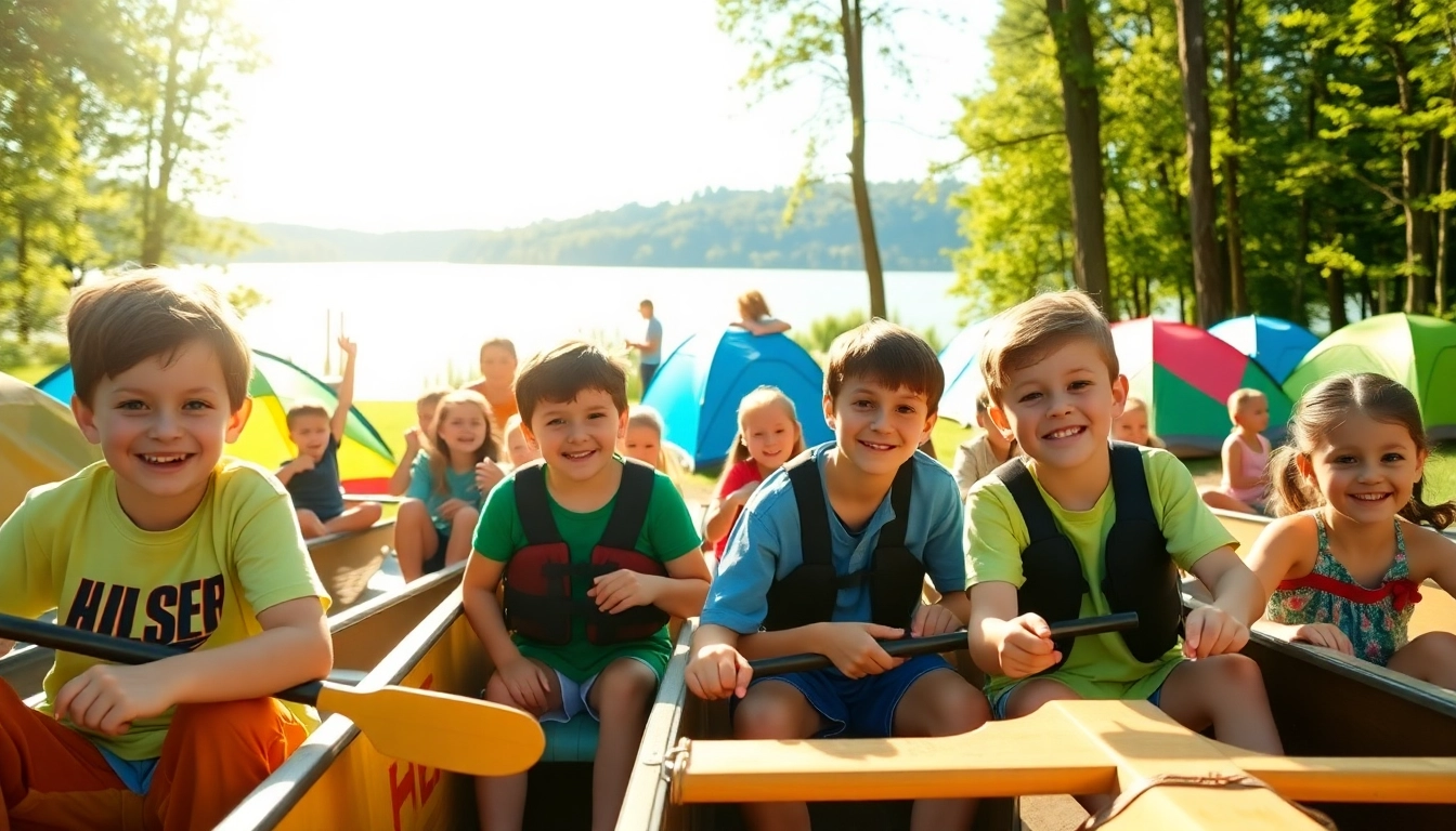 Children enjoying first time at overnight camps, engaging in activities by a shimmering lake.