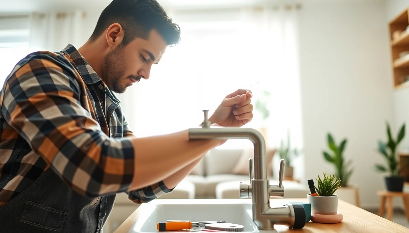 Handyman repairing a faucet in a bright living room, demonstrating craftsmanship and skill.