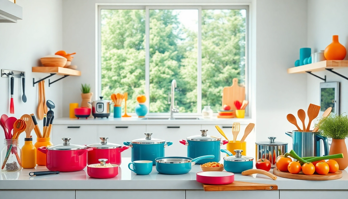 Display of kitchenware NZ in a modern kitchen, showcasing colorful utensils and cookware.