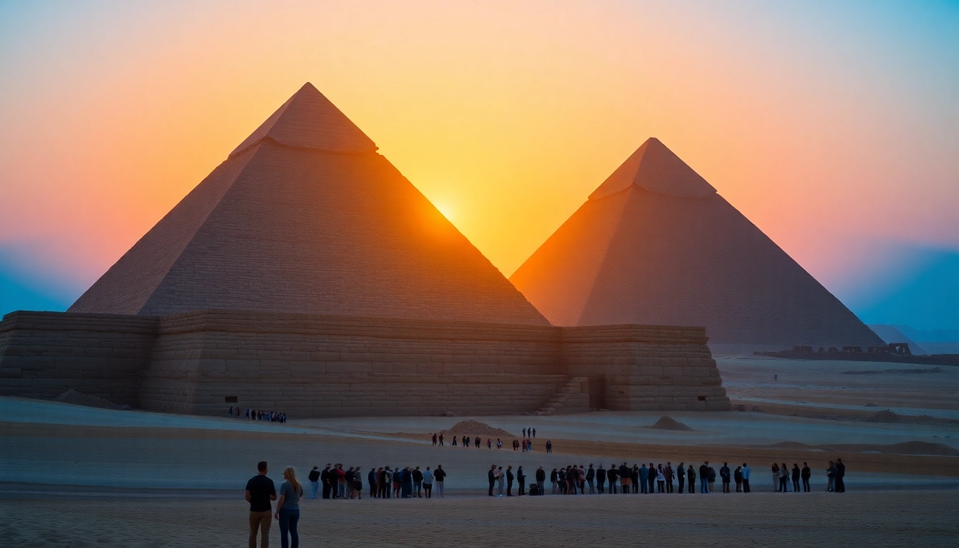 View of the pyramids showcasing their majestic structure against a golden sunrise.