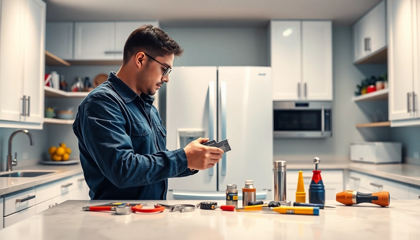 Appliance repair near me; professional technician fixing a refrigerator in a bright kitchen setting.
