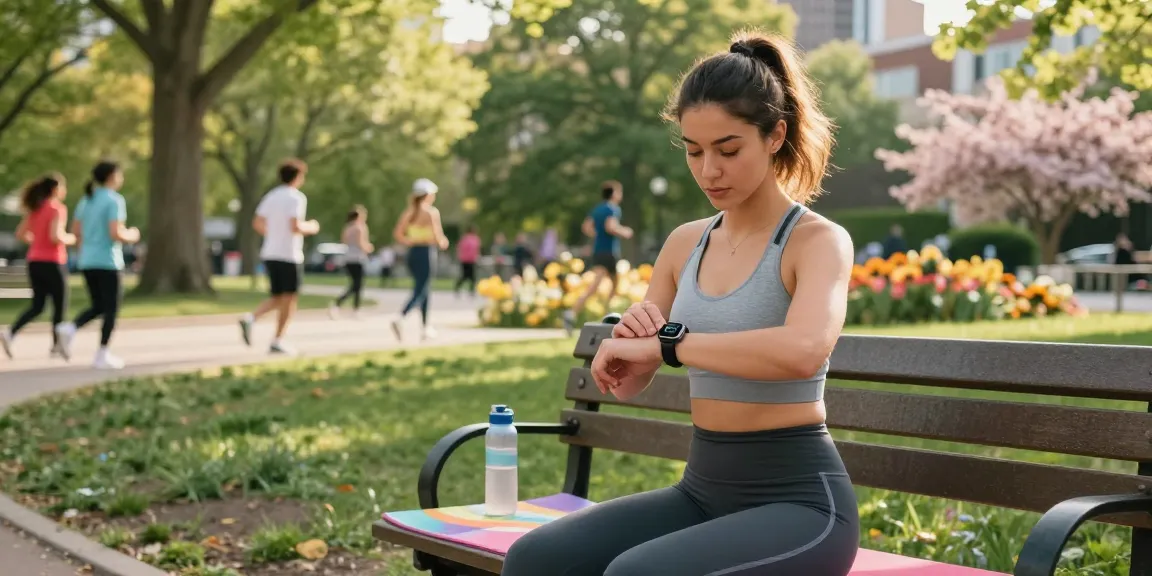 Fitbit Luxe smartwatch di tangan wanita saat berolahraga outdoor dari https://www.polarfitbitshop.com/fitbit-luxe/ dengan latar belakang taman yang cerah.