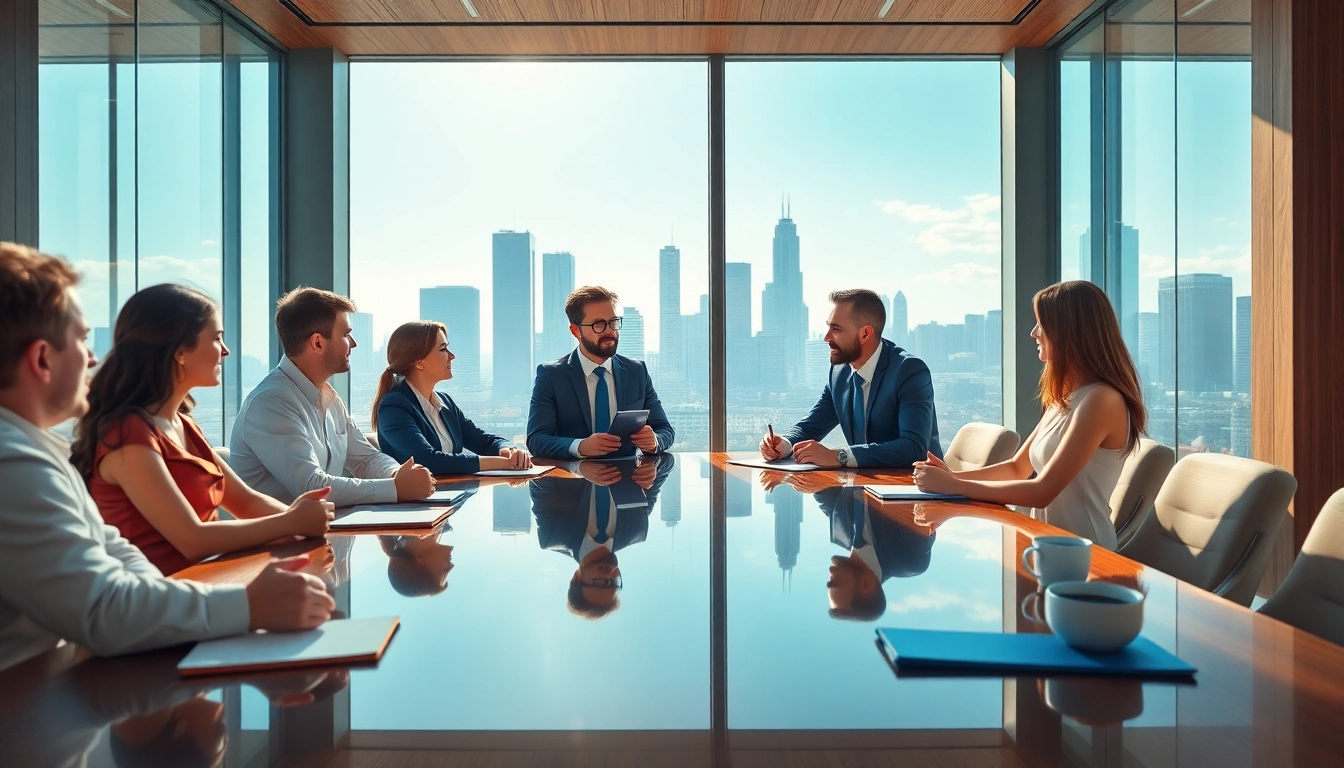 Business meeting in a modern office showcasing teamwork and collaboration.