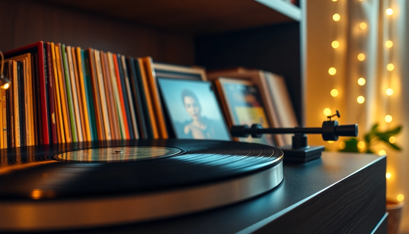 Browse through captivating vinyl records displayed elegantly on a stylish turntable in a cozy setting.