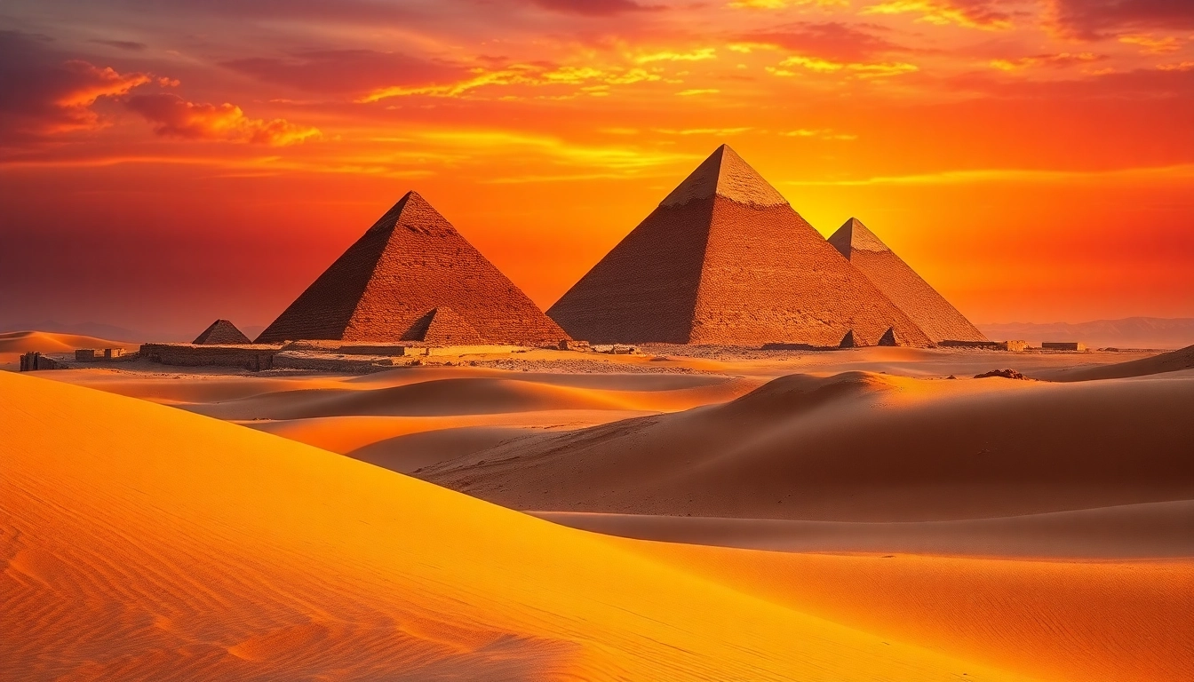 See the majestic pyramids of Egypt beautifully illuminated in a sunset at piraminds.com.