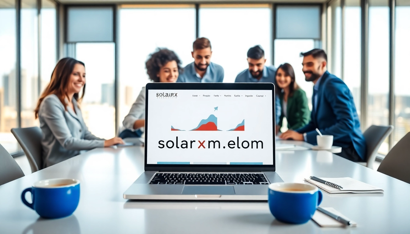 Team brainstorming ideas for https://solarxmedia.com with a modern office backdrop.
