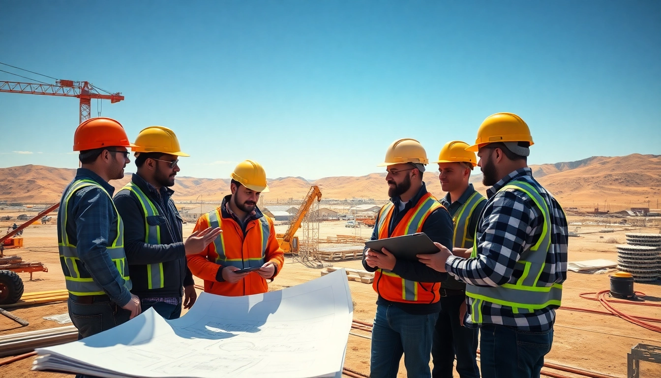 Construction association Colorado teamwork on a job site with blueprints and equipment.