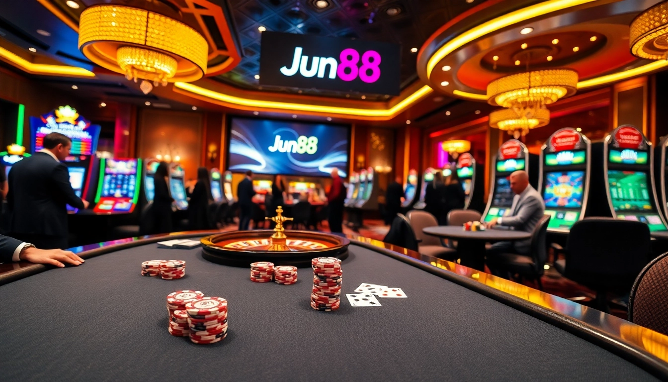 Experience the thrill of Jun88 at a luxurious casino, featuring poker and roulette.